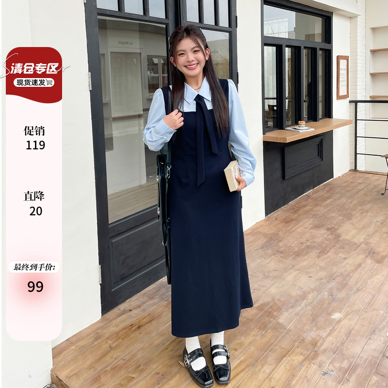 秋季长袖连衣裙新款高腰长裙大码女装胖mm显瘦学院风polo领a字裙