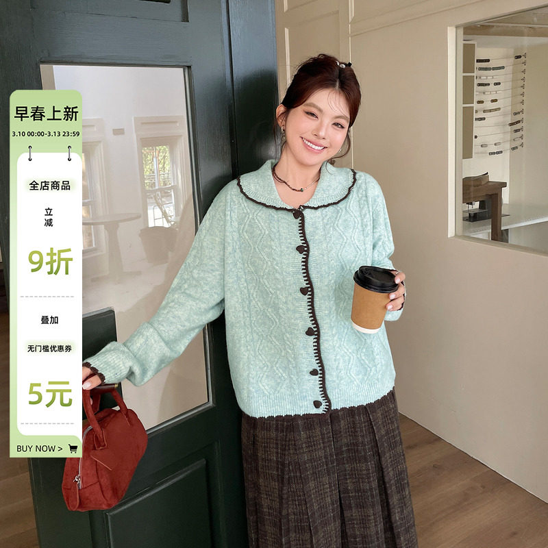 小草宽松定制大码胖mm娃娃领毛衣秋冬季女装韩系慵懒风针织衫上衣