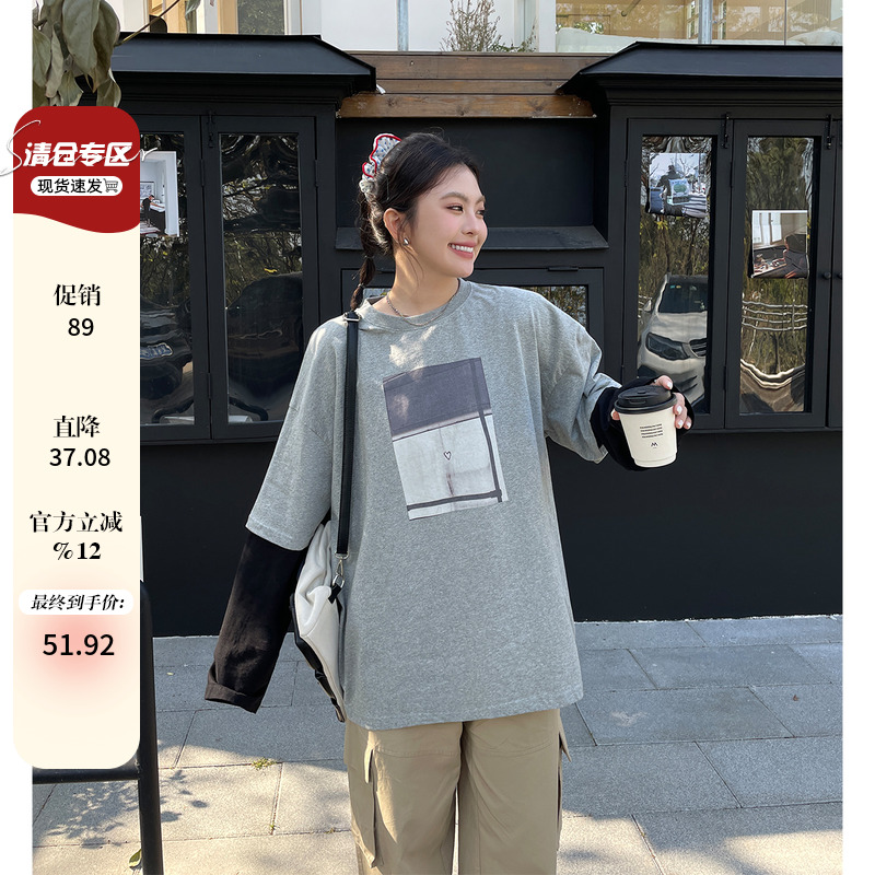 大码女装2025新款小众不撞款上衣胖mm韩系宽松拼接超好看长袖t恤