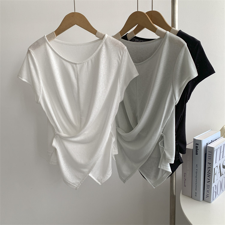 天丝不规则短袖T恤女夏季舞蹈服练功古典爵士拉丁形体瑜伽健身服