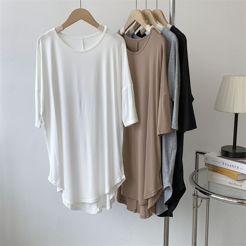 莫代尔中长款后拼接短袖t恤裙女木代尔宽松慵懒风舞蹈服居家上衣
