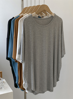 莫代尔蓝绿色短袖T恤女宽松大码纯色街头风舞蹈服T恤木代尔上衣女