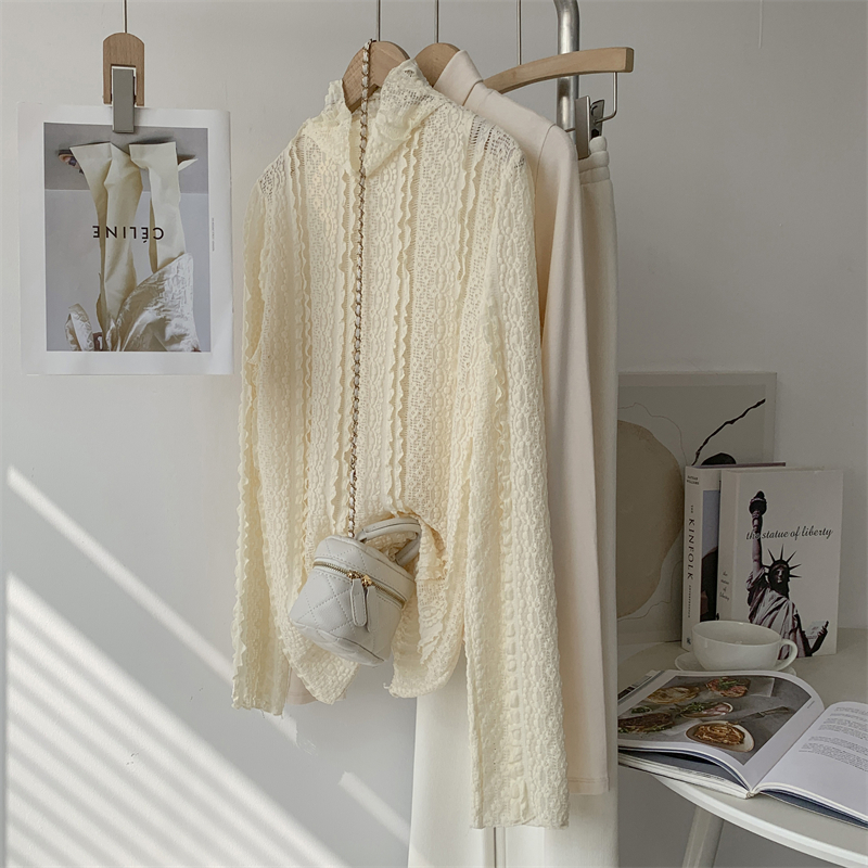 泡泡棉蕾丝半高领长袖米杏色打底衫女外穿微透舞蹈服练功服打底