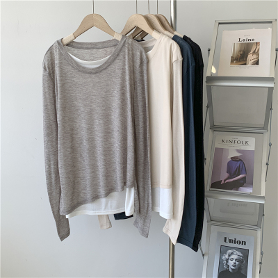 天丝泊罗纹假两件舞蹈服女特薄设计感瑜伽服练功服长袖T恤上衣女