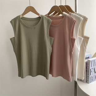 腋下仿侧漏华夫格无袖背心女韩版夏季宽松休闲运动练功服背心上衣