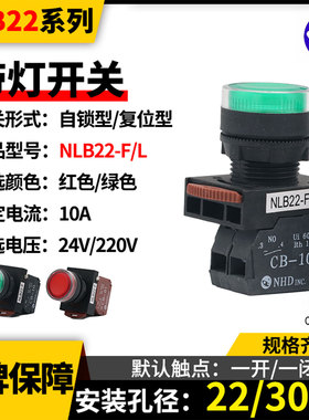 NHD台湾贺电平头NLB22-F-L带灯自锁复位按钮启动开关220v24v红绿