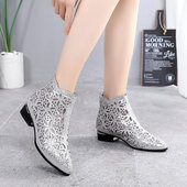 2026新款 春夏平跟单靴子烫钻网纱女靴镂空短靴凉靴低跟洞洞靴大码