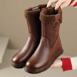 靴子女真皮平底中筒靴防滑百搭大码女靴冬加绒棉鞋厚底软底妈妈鞋