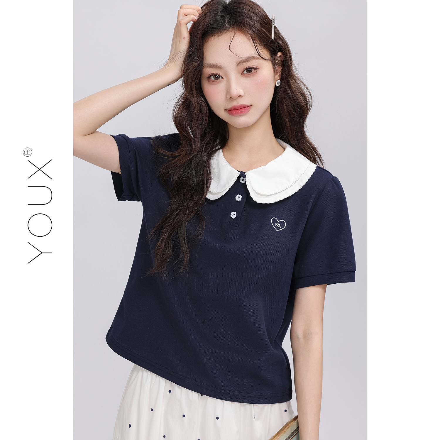 Forever 21【学姐归档】翻领刺绣短袖t恤女2025夏新款宽松休闲时