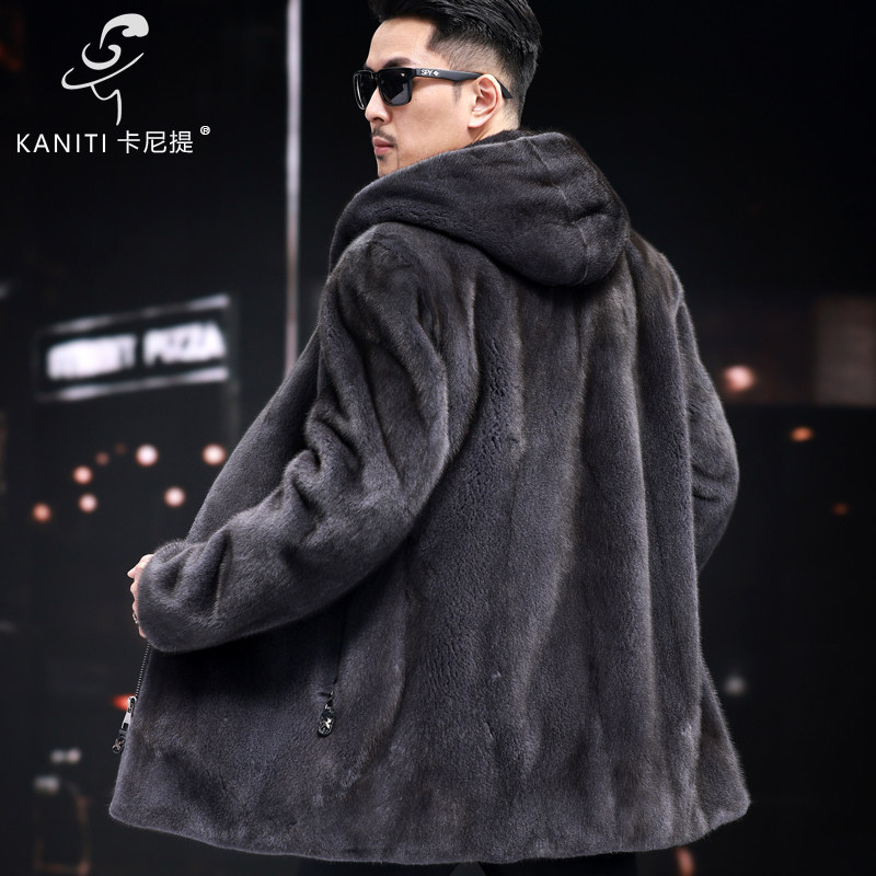 中长款美国灰貂水貂皮大衣男士连帽真皮皮草毛一体商务休闲外套