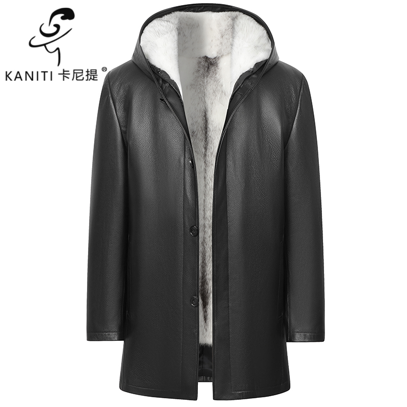 卡尼提单排扣连帽高端新西兰鹿皮皮衣男士十字貂皮毛一体真皮派克