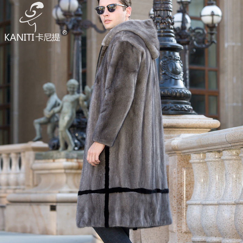 卡尼提美国水貂整貂皮大衣长款连帽风衣冬装外套高端真皮皮草男装