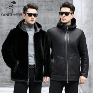 大衣厚款 双面穿美利奴羊皮毛一体男士 连帽真皮皮衣御寒保暖冬装