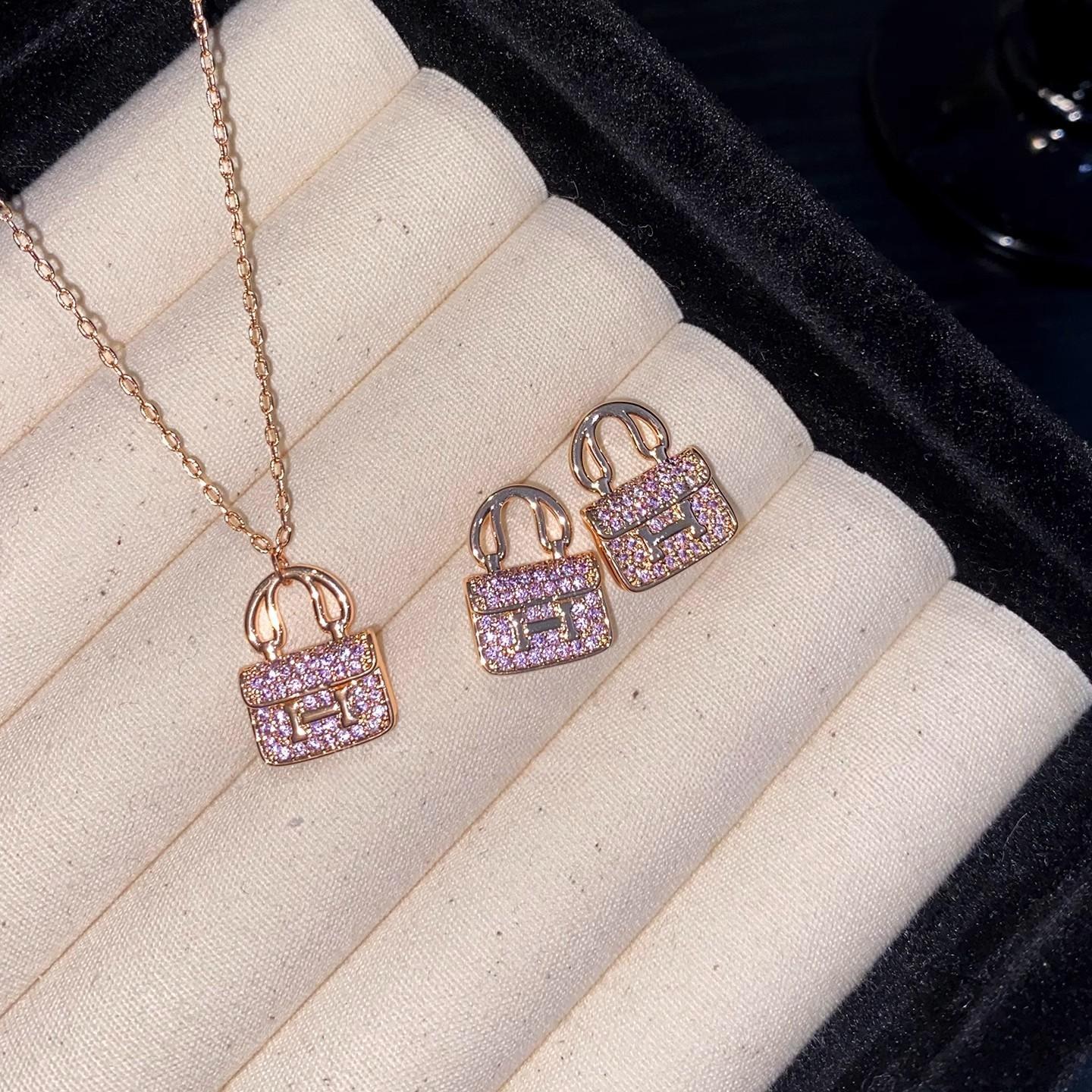 高版本轻奢高级感满钻包包耳钉S925银针H家K金时尚小众耳饰品