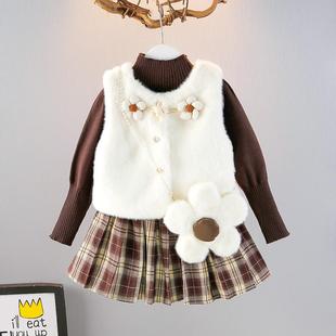 女童仿兔毛马甲秋冬装加厚保暖三件套儿童毛衣小香风套装百褶裙子