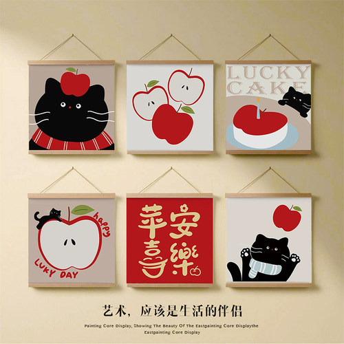 国潮红底吉祥语黑猫卷轴电表箱画