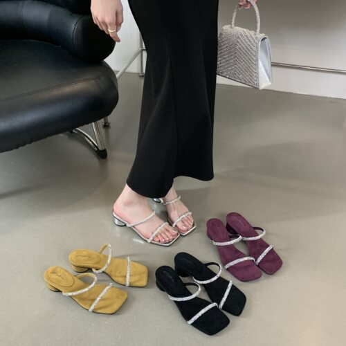 断码清货特价欧美外贸一字带水钻欧洲站方头粗跟凉拖鞋中低跟女鞋