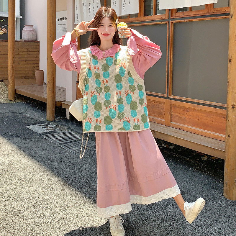 粉色蕾丝花边衬衫休闲套装女2025春秋季新款针织马甲半身裙三件套,女装套装/套裙,2C103