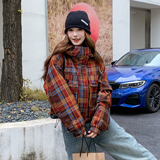 美式复古格纹连帽派克服女2025冬新款洋气炸街小个子加厚棉服外套，女装短外套，2C103