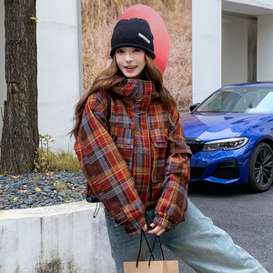 美式复古格纹连帽派克服女2025冬新款洋气炸街小个子加厚棉服外套图片