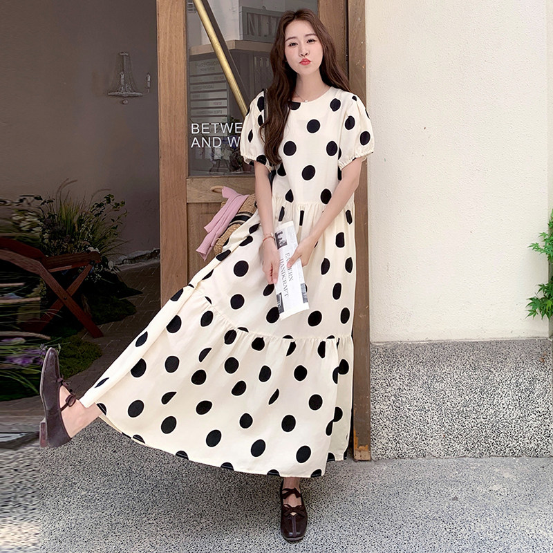 法式短袖气质波点连衣裙女夏季2025新款时尚宽松显瘦a字长裙子,女装连衣裙,2C103