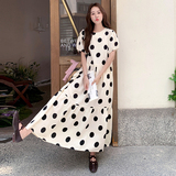 法式短袖气质波点连衣裙女夏季2025新款时尚宽松显瘦a字长裙子，女装连衣裙，2C103