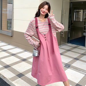 多巴胺粉色条纹拼接假两件背带连衣裙女2025春秋新款甜美减龄裙子图片