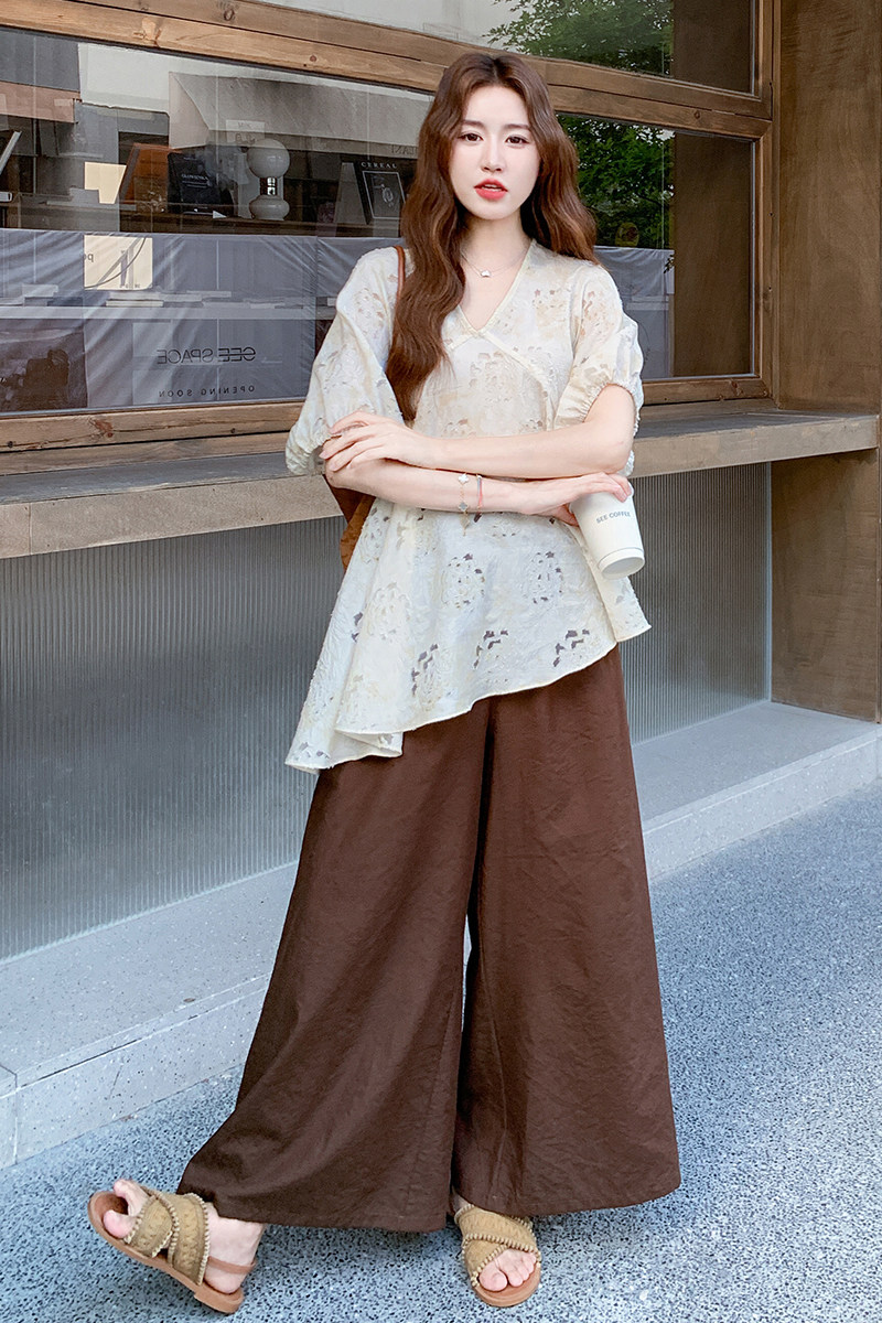 文艺复古风上衣套装女2025夏季新款时尚气质百搭宽松阔腿裤两件套,女装套装/套裙,2C103