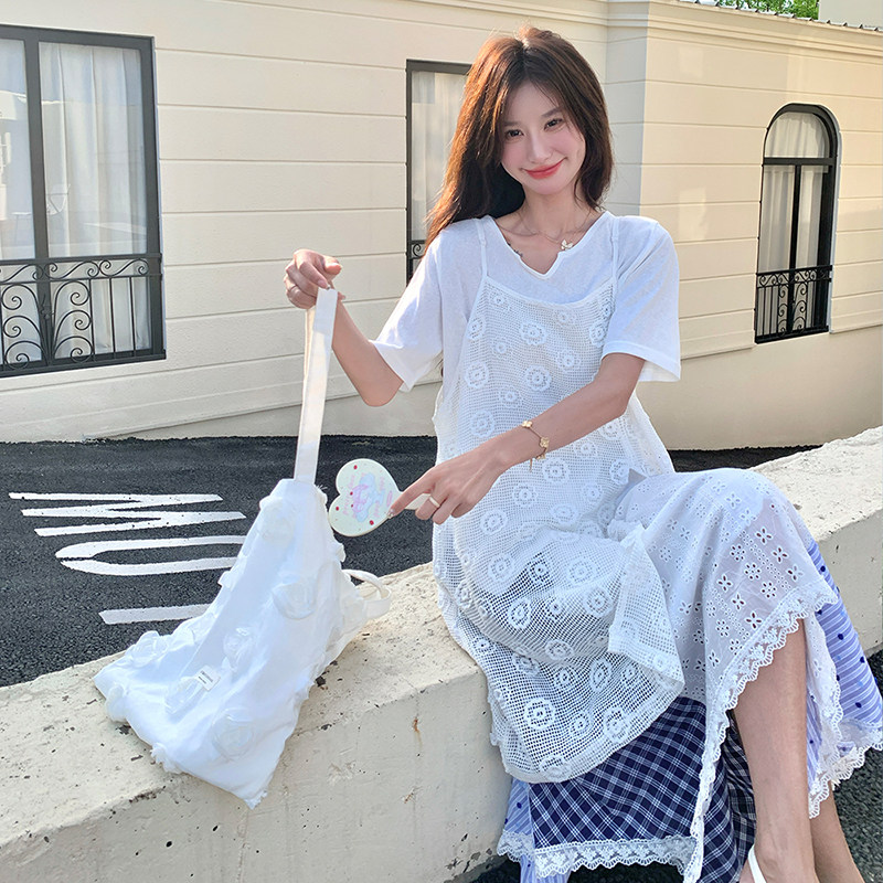 清新松弛感温柔三件套女2025夏季提花吊带短袖不规则半身裙套装潮,女装套装/套裙,2C103