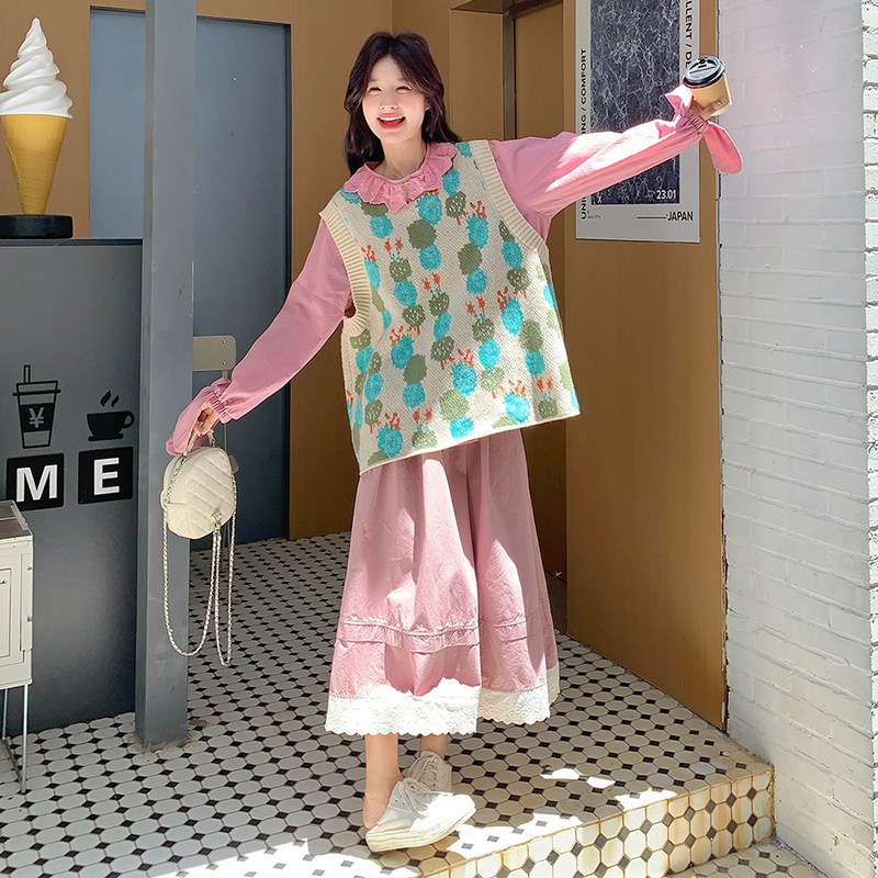 粉色蕾丝花边衬衫休闲套装女2025春秋季新款针织马甲半身裙三件套,女装套装/套裙,2C103
