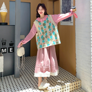 粉色蕾丝花边衬衫休闲套装女2025春秋季新款针织马甲半身裙三件套图片