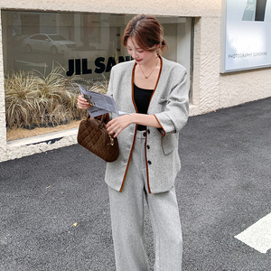 灰色撞色西装外套阔腿裤套装女2025年春秋季新款高级感显瘦两件套图片