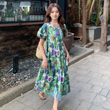 油画印花法式森系泡泡袖连衣裙女夏季新款显瘦小个子减龄茶歇裙，女装连衣裙，2C103