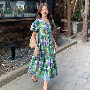 油画印花法式森系泡泡袖连衣裙女夏季新款显瘦小个子减龄茶歇裙图片
