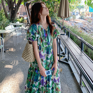 油画印花法式森系泡泡袖连衣裙女夏季新款显瘦小个子减龄茶歇裙图片