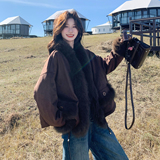 美拉德咖色减龄棉衣外套女2025年冬季新款韩版加厚保暖百搭派克服，女装短外套，2C103