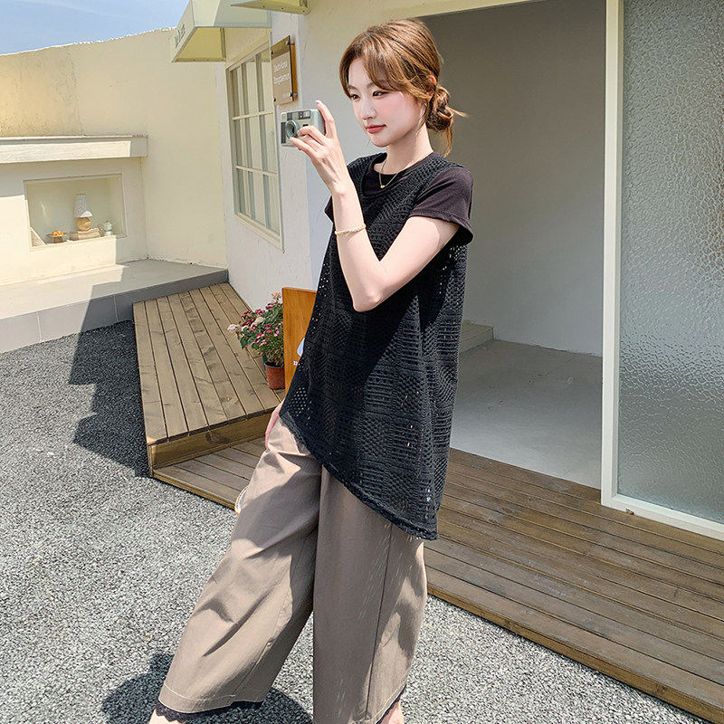 轻熟风黑色不规则镂空背心套装女2025夏季气质感T恤阔腿裤三件套图片