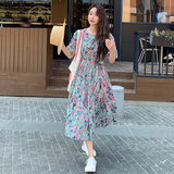 彩色碎花连衣裙女2025夏季新款法式小个子气质收腰显瘦泡泡袖长裙，女装连衣裙，2C103