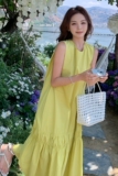 蓝色气质女神范法式荷叶边鱼尾长裙夏季新款赫本风休闲连衣裙女，女装连衣裙，2C103