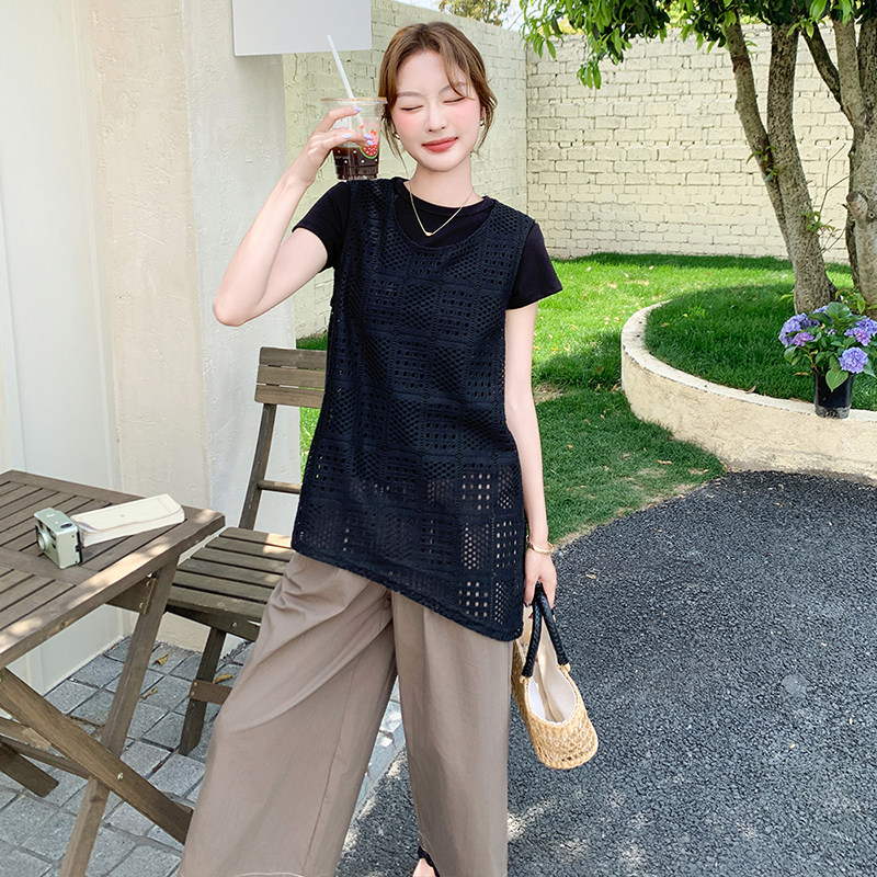 轻熟风黑色不规则镂空背心套装女2025夏季气质感T恤阔腿裤三件套,女装套装/套裙,2C103