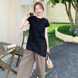 轻熟风黑色不规则镂空背心套装女2025夏季气质感T恤阔腿裤三件套，女装套装/套裙，2C103