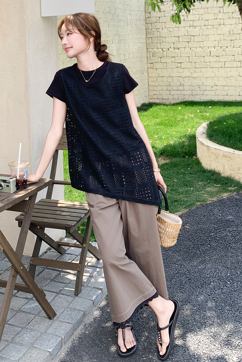 轻熟风黑色不规则镂空背心套装女2025夏季气质感T恤阔腿裤三件套,女装套装/套裙,2C103