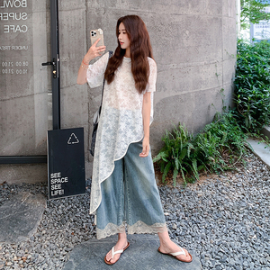 甜美清新日系套装女2025新款夏季蕾丝不规则T裙牛仔阔腿裤两件套图片