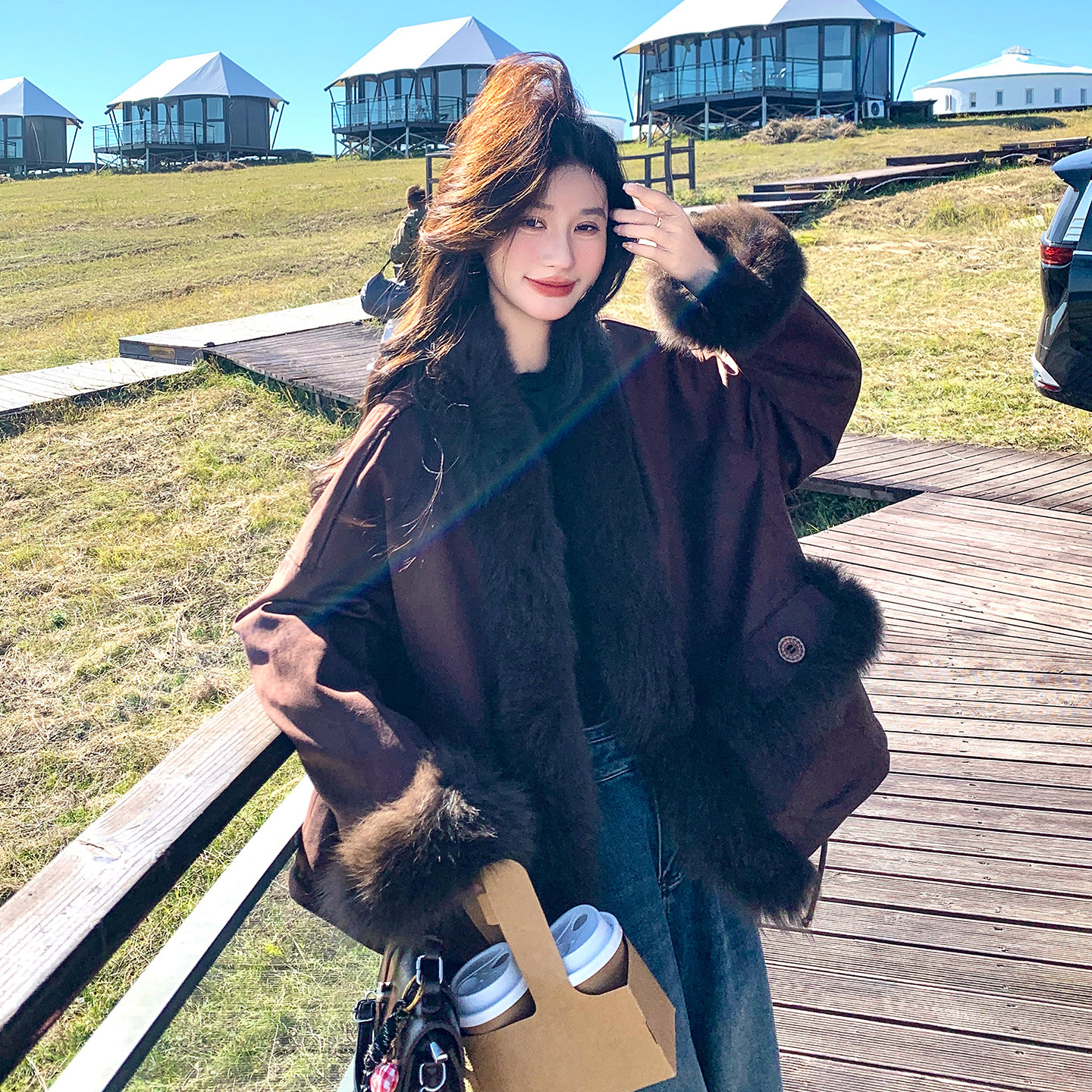 美拉德咖色减龄棉衣外套女2025年冬季新款韩版加厚保暖百搭派克服,女装短外套,2C103