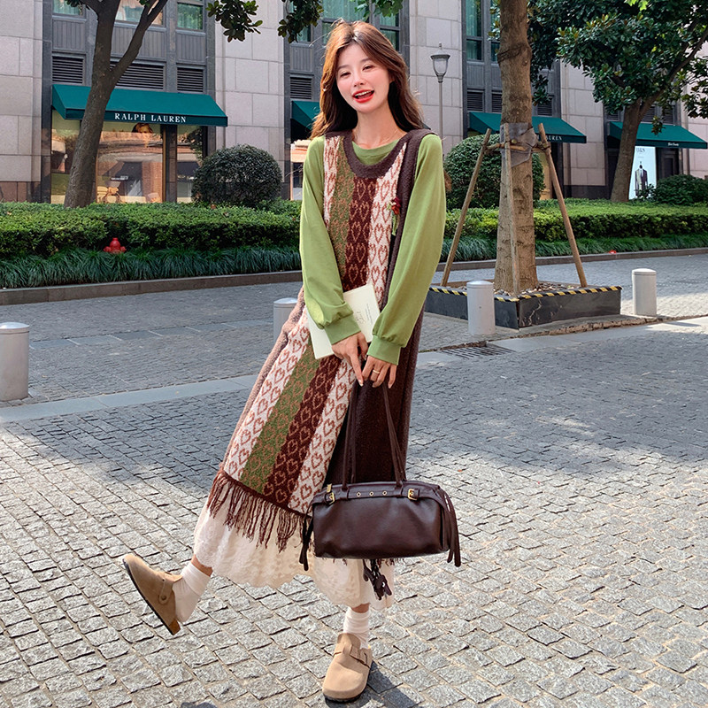 森系针织连衣裙女2025秋季新款慵懒松弛感罩衫叠穿减龄裙子两件套,女装连衣裙,2C103