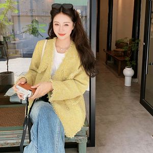黄色小香流苏V领短外套女秋季2025新款小个子时尚百搭高级感上衣图片