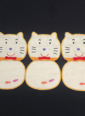 日本款和风可爱猫猫卡包纯棉刺绣纱布女士手帕女手绢口袋巾浅黄色