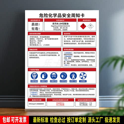 去污水(石脑油) 防水贴纸 PVC板标识牌 危险化学品安全周知卡定制