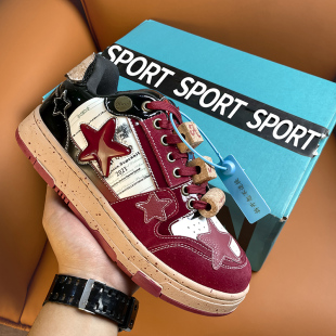 联名设计情侣复古厚底休闲板鞋 红酒星星鞋 春季 2024新款 国潮男女鞋