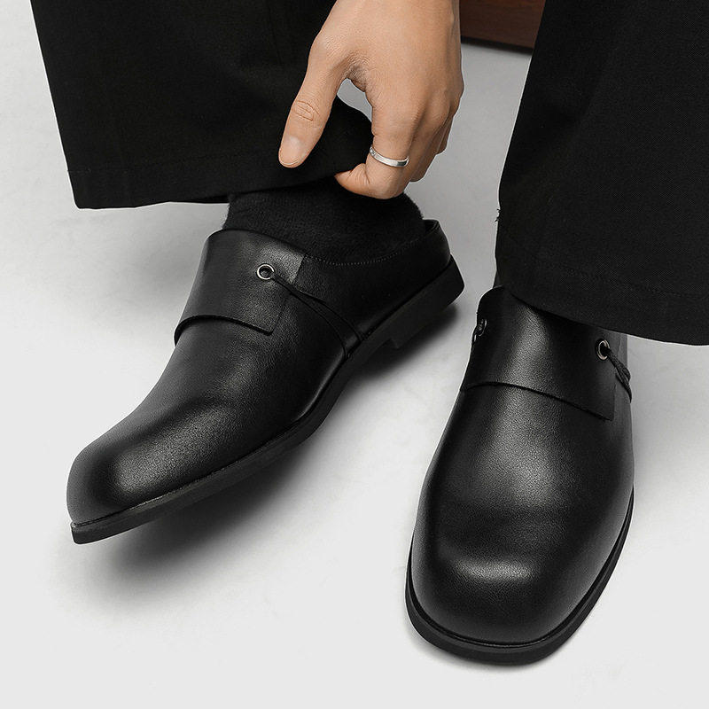 黑色包头半拖男鞋真皮软底一脚蹬懒人外穿穆勒鞋英伦风休闲皮鞋